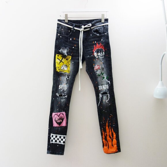 THRT Streetwear Graphic Paint Splatter Skinny Distressed Y2K Denim Jeans(30) - Picture 1 of 12